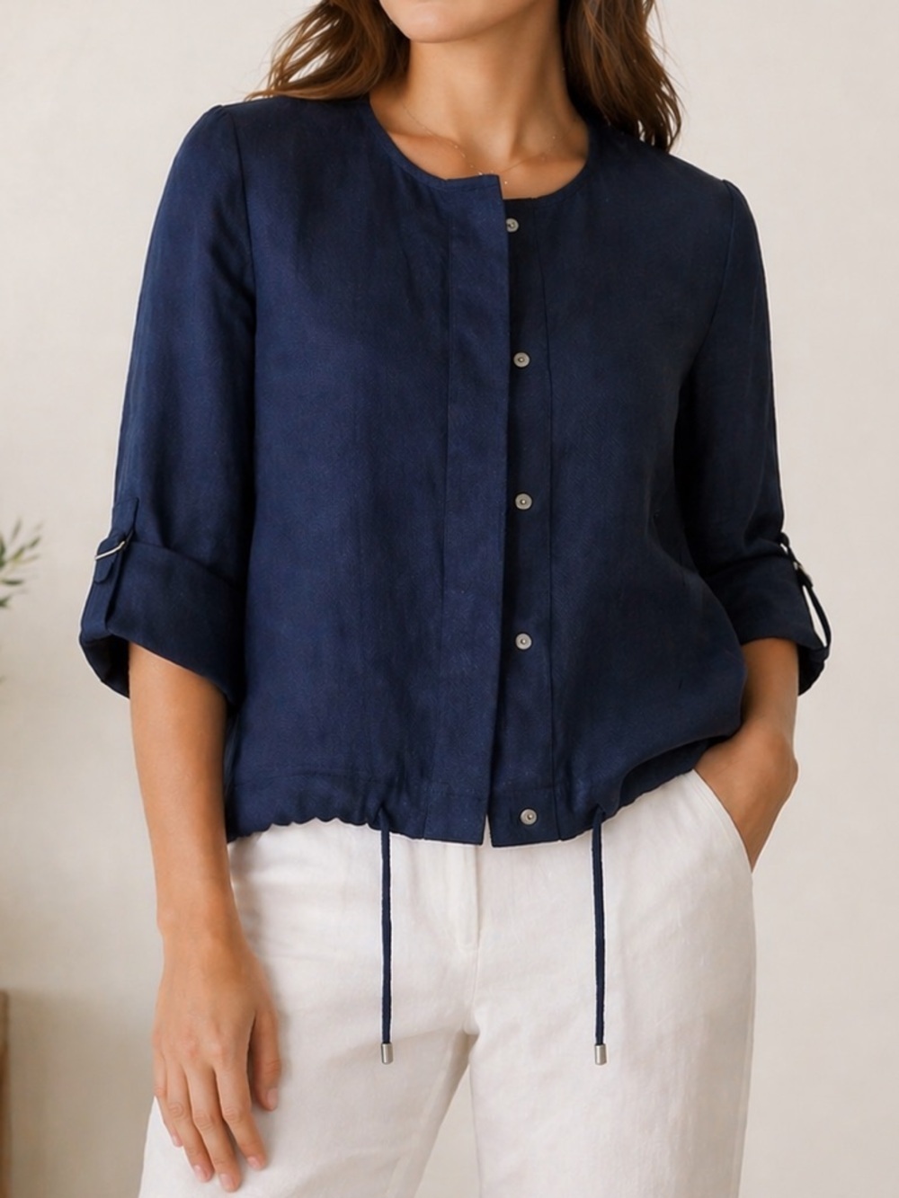 Chico’s Navy Linen Utility Jacket | Cropped Minimalist Coastal Chic Size 0